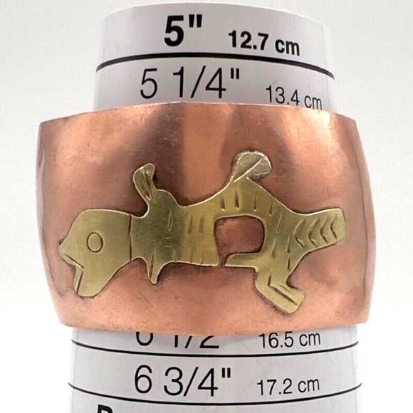 Copper and Brass Cuff Bracelet Abstract Animal Mid Century Hand Made in Mexico - Picture 6 of 12